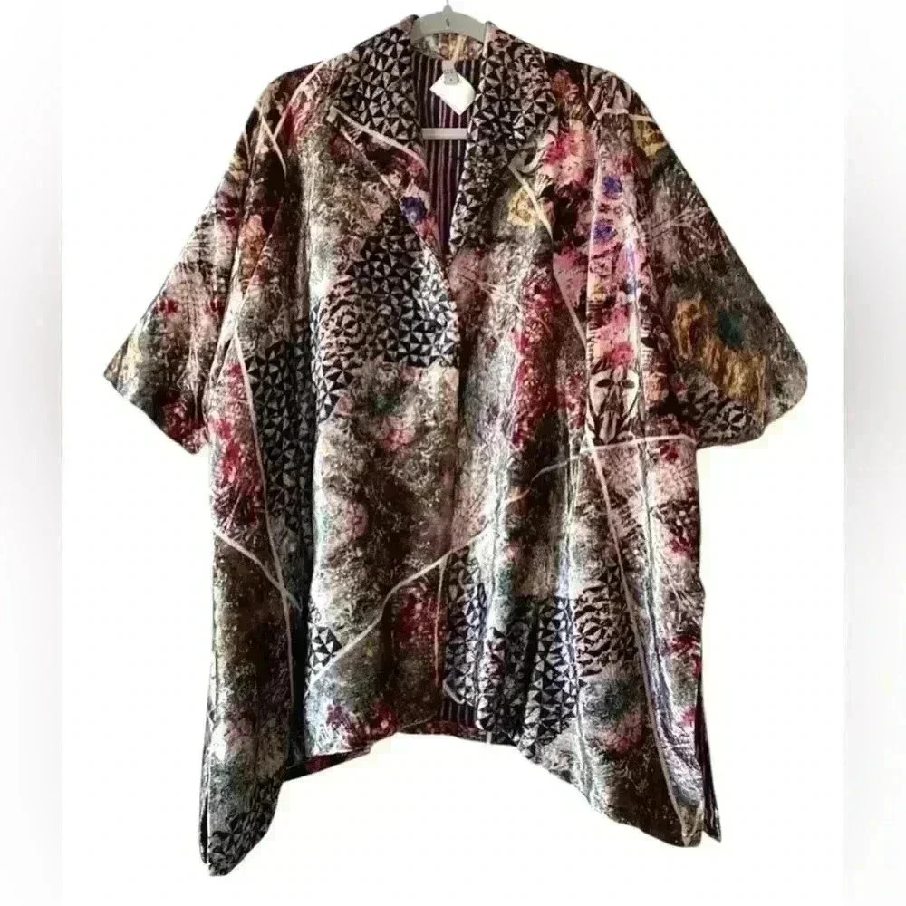 YAVI 100& SILK KIMONO Multicolor Boho Oversized COAT JACKET Size Small